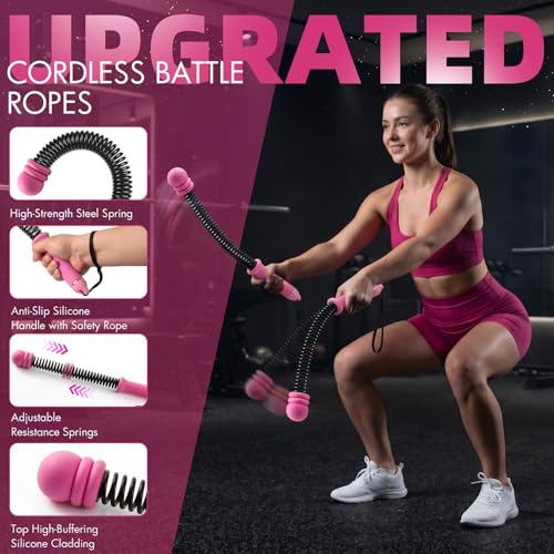 Chillchard Battle Ropes for Home Gym, Weighted Ropeless Battle Ropes | Cordless Battle Ropes with Adjustable Resistance Springs, Portable Home Workout Equipment for HIIT Cardio & Strength Training - color: Hot Pink
