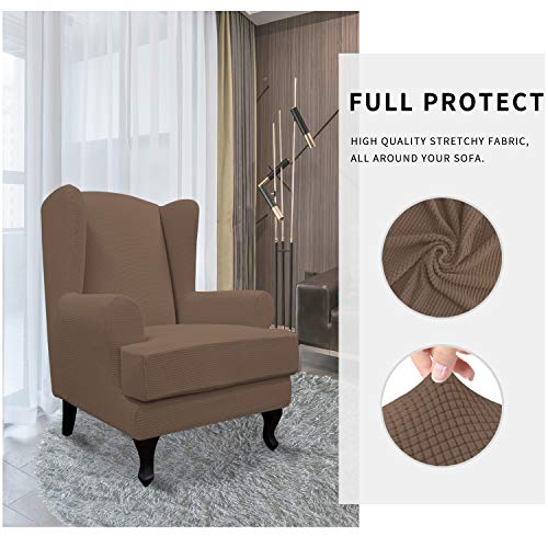Easy-Going Stretch Wingback Chair Sofa Slipcover 2-Piece Sofa Cover Furniture Protector Couch Soft with Elastic Bottom, Spandex Jacquard Fabric Small Checks, Brown - color: Brown