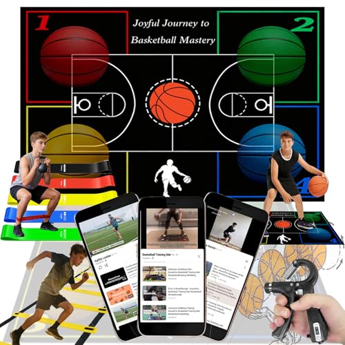 Basketball Training Equipment, Practice Training Mat, Dribble Trainer | Includes Basketball Training Mat, Agility ladder, Grip Strengthener, Resistance Bands, Improve Speed, Strength, ordination - color: Black (3D-Muster), size: 42"*29"