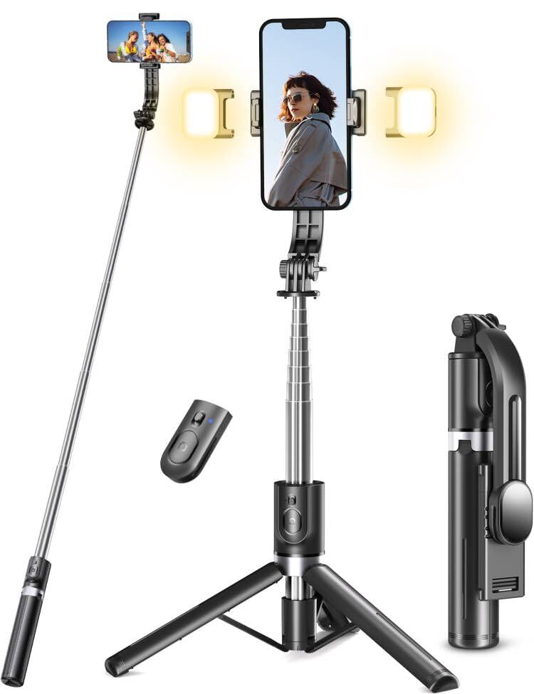 Selfie Stick Tripod with Light, 45'' Phone Tripod with Wireless Remote | Portable Travel Phone Tripod, Compatible with iPhone 16/15 Pro Max/15/14 Pro/14/13, Samsung S22/ S23 Ultra/Android Smartphone - color: Black - 45" Standard Height
