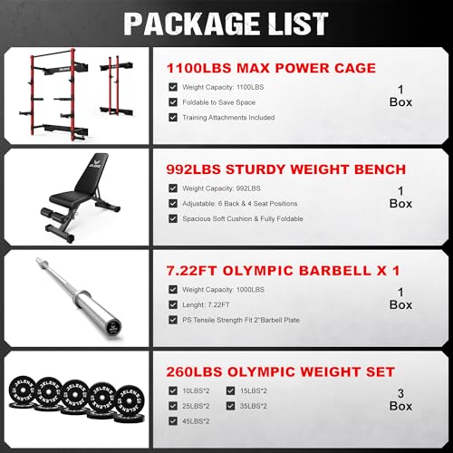 JELENS FS01 Folding Squat Rack, Wall Mounted Power Rack for Home Gym, Space Saving Multi-Functional Power Cage with More Attachments - color: Red, size: 260LB Black Weights Package