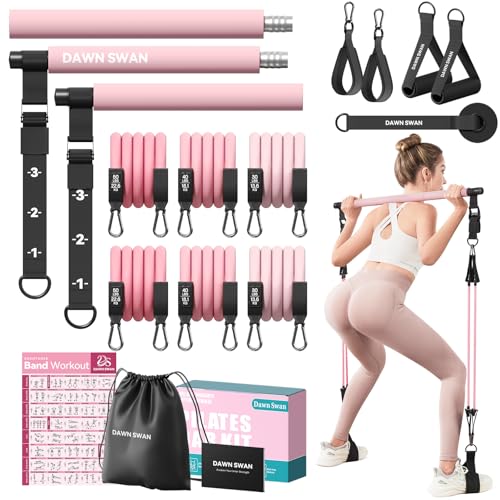 Pilates Bar Kit with Resistance Bands – Adjustable Home Gym Workout Equipment for Women & Men – Portable Pilates Equipment for Squats, Yoga & Full Body Toning - color: Pink