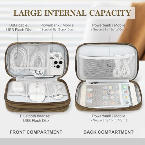 FYY Electronic Organizer, Travel Tech Pouch Bag, Large, Brown | Wrist Strap, Waterproof, Double Layers Portable Electronics Travel Carrying Case for Cord, Charger, Daily Business Trips Use - color: Brown, size: Large