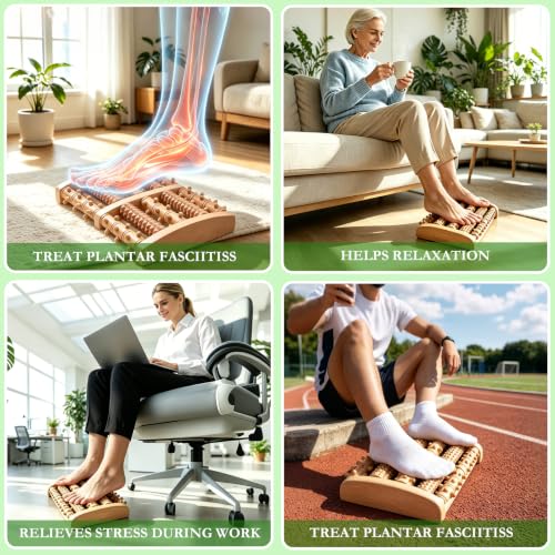 Dual Foot Massager Roller, Wooden Foot Massager, Gifts for Women and Men | Fast Relief for Plantar Fasciitis, Acupressure Tool with Reflexology Chart, Pain Relief for Seniors & Desk Workers