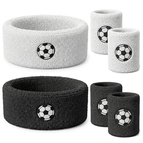 6Pcs Soccer Headband Sweatband Set - 2 Moisture Wicking Terry Cloth Headbands & 4 Athletic Wristbands Sweat Absorbing Sports Accessories for Workout Running Kids Teens
