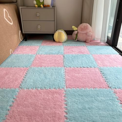12Pcs Plush Foam Floor Mat,Plush Interlocking Carpet Tiles,Anti-Slip Square Puzzle Floor Mat,EVA Foam Area Rugs for Bedroom Playroom (Pink+Blue) - color: Pink+blue