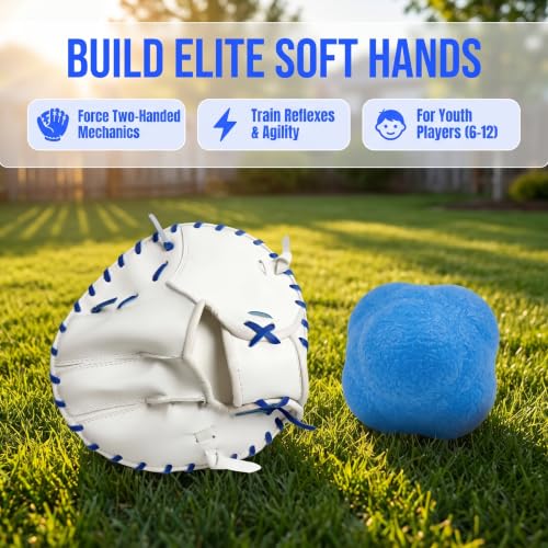 Pancake Glove Baseball Youth & Flat Gloves Softball Trainer with Agility Reaction Ball - Infield Mitt to Build Soft Hands (Ages 6-12, Right-Hand Throw) - color: white