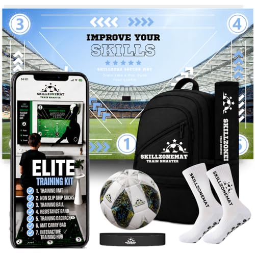 SkillZone Soccer Training Mat with Soccer Ball – Dribbling & Footwork Trainer | Indoor/Outdoor Soccer Training Kit with Interactive Video Hub, Grip Socks & Carry Bag | Control & Agility Practice - color: Match Day - Elite Training Kit
