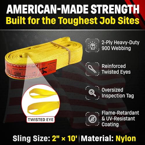 DD Sling (USA Made). 2" wide X (4' to 20' lengths) in Listing! 2 Ply Twisted Eye, Nylon Lifting Slings, Eye & Eye, Heavy Duty (900 webbing), 6,400 lbs Vertical, 5,100 Choker, 12,800 Basket Load Capacity (2inX10ft) - size: 2inX10ft