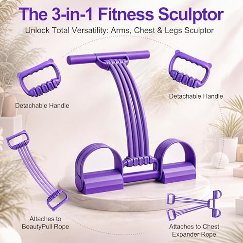 Multifunction Foot Pedal Resistance Bands with Handles, 3 in 1 Tension Rope Elastic Fitness Band for Home Workout, Yoga,Stretching, Full Body Exercise for Abs, Core, Waist, Arm, Leg - color: Purple