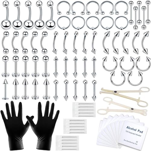 A-minusone 84+98+120PCS Body Septum Piercing Kit 14G 16G Tools for Nose Tongue Lip Ear Eyebrow Belly Button Cartilage Tragus Industrial Barbell Helix Daith Piercing Jewelry Clamps - size: 84 Piece Set