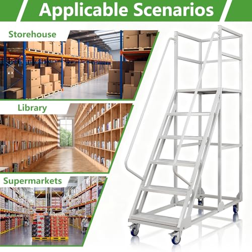 6 Steps Rolling Ladder, Mobile Platform Ladders with Handrails, Industrial & Warehouse Non-Slip Stair Ladder, Heavy Duty Step Ladders for Home Library Outdoor, 1100lbs Capacity