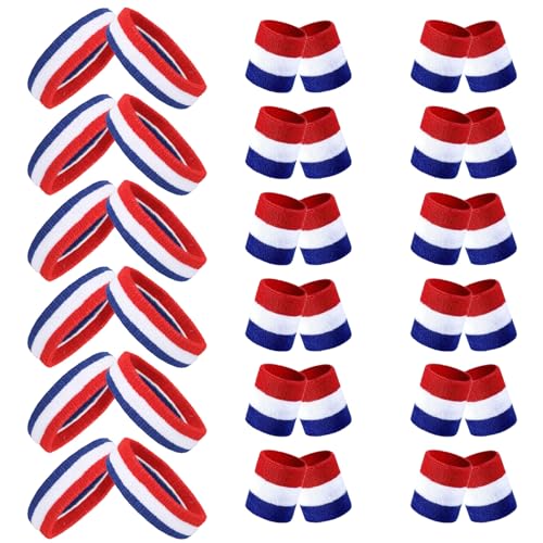 36 Pcs Wrist Sweatband Set Sports Headband Wristband Set for Men Women Party Sports Cotton Headbands Athletic Sweat Bands for Tennis Football Gym Workingout Accessories - color: Red White Blue Strip