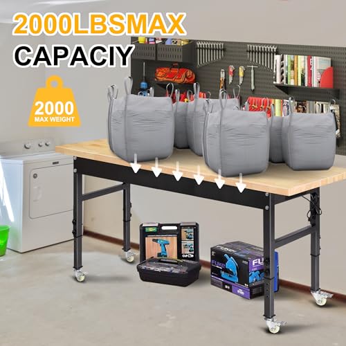 60" Adjustable Work Bench, Rubber Wood Top Workbench | Heavy-Duty Work Table with Power Outlet and Wheels, 2000 LBS Load Capacity Hardwood Work Benches for Garage,Workshop - size: with socket and wheels, 60