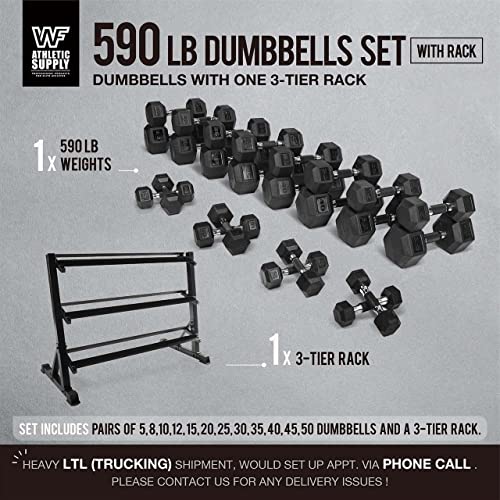 WF Athletic Supply Rubber Encased Hex Dumbbells with Rubber Grip Contoured Handle for Muscle Toning, Strength Building & Full Body Workout - color: y. 590LB Dumbbell Set w/ 3-Tier Rack