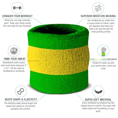 Suddora Striped Sweatband Set, Moisture Wicking 2 Wristbands and 1 Headband, Breathable Athletic Sweat Bands for Sports, Costumes & Cosplay, Matching Bands to Wear with Jersey - color: Green Yellow Green