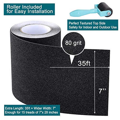 Anti Slip Traction Tape, 7Inch x 35Ft Non Slip Grip Tape for Stair Outdoor/Indoor, Waterproof Anti Skid Grit Roll for Stair Step, High Traction Non Skid Abrasive Stair Treads- Black - color: Black, size: 7" x 35'