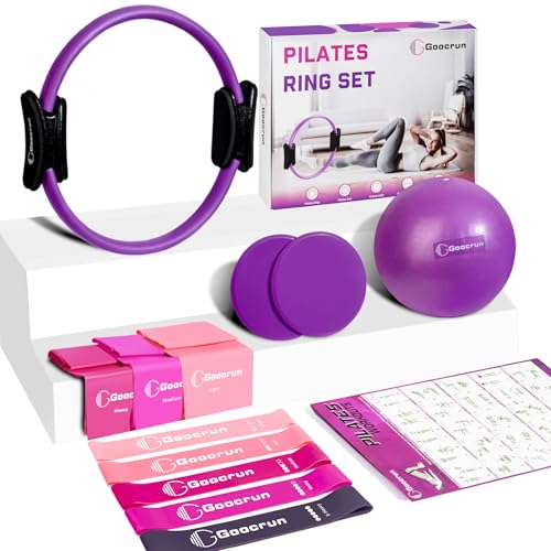 Goocrun Pilates Ring Set Exercise Equipment, with Exercise Resistance Bands Set, Pilates Ball, Sliding Disks. Portable Home Gym - with Fitness Guide Poster - color: Purple, size: Basic-level