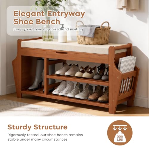 oakvivo 39.4in Shoe Bench with 2 Side Holder, 3 Tier Bamboo Entryway Bench with Storage, Shoe Rack Bench Organizer with Cushion for Entryway Hallway Living Room, Holds up to 330lbs - size: 39.4 inch