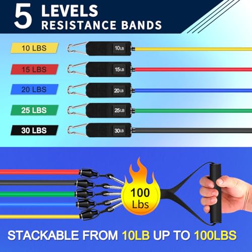 WHATAFIT Resistance Bands, Exercise Bands with Handles, Workout Bands for Working Out, Fitness Bands Set for Home Gym Full Body Strength Training, Muscle Tone, Yoga & Stretching - color: 10-100LB-Colorful