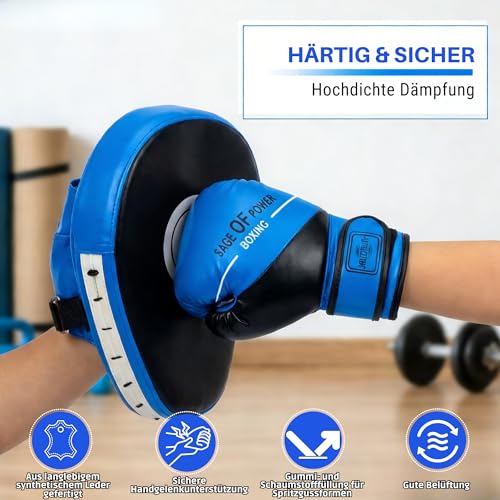 3-in-1 Boxing Gloves and Punching Mitts Set for Kids, Boxing Mitts Focus Pads with Hand Wraps for Kid, Youth Leather Punching Equipment Gloves Set for MMA, Karate, Muay Thai, Taekwondo - color: Blue