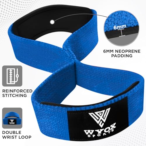 WYOX Figure 8 Lifting Wrist Straps for Weightlifting – Heavy Duty Padded Neoprene Wrist Support, Powerlifting & Strength Training Lift Straps for Deadlifts, Pull Ups, Rows, Shrugs, Gym Training Hand Grip Support for Bodybuilding - color: Blue, size: Stand