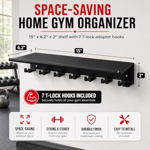 Home Gym Floating Shelf Compatible with Tonal Accessories, Heavy Duty Wall Mount Workout Storage Rack & Organizer Holder with 7 T-Lock Hooks for Smart Handles, Bar and Rope - size: 1-Tier