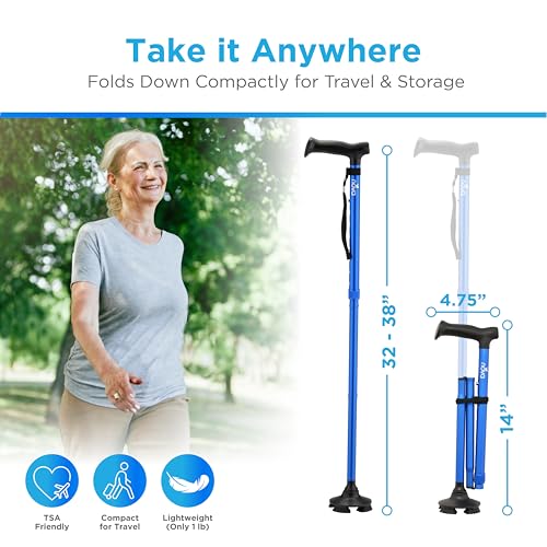 NOVA Foldable Quad Cane for Seniors, Self Standing Adjustable Walking Cane with Pivoting Quad Tip, Lightweight Collapsible Mobility Aid, Bonus Carry Pouch & Replacement Tips, Blue - color: Blue