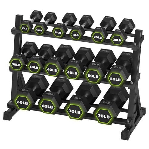 HANDBODE Rubber Coated Hex Dumbbell Set with Rack, 300-840 lb | Fixed Weights Sets with Heavy Duty Storage Stand, Multiple Weight Options Home Gym Equipment for Strength Training - style: 590 lb Set (10-70 lb) with Rack