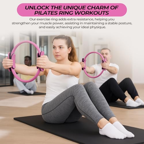 Seenelling 18 Pcs Pilates Ring and Ball Set with Resistance Bands Home Workout Pilates Equipment 11.8 Inch Magic Circle with Padded Handles, Mini Ball for Strength, Toning and Flexibility - color: Pink