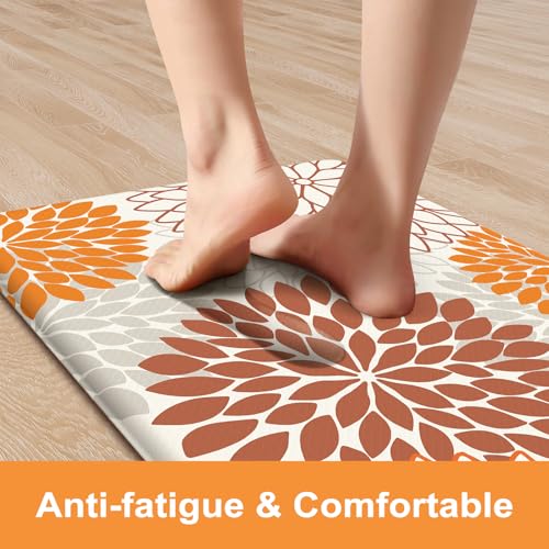 KIMODE Kitchen Mats for Floor Anti Fatigue, 17"x47"+17"x29" Dahlia Floral Kitchen Floor Mats,Farmhouse Kitchen Rugs Non Slip Cushioned, Comfort Standing Desk Mat for Sink, Laundry, Desk Orange - color: Orange, size: 17.3" x 47 "+ 17.3" x 29 "--0.47 inches