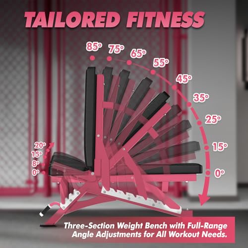 RITFIT Adjustable Weight Bench, Incline Decline Flat, 1300LB Capacity | Full Body Workout Bench for Home Gym Strength Training, 10 Backrest Positions, 3 Seat Angles, Heavy Duty Steel Frame - color: Pink, with 2x5lb Round Dumbbells