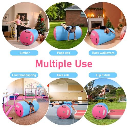 Gymnastic Air Barrel, Inflatable Tumble Track, Tumbling Mat, Roller Octagon Trainer for Back Handspring and Back-bend for Home, Gym, No Pump - color: Cyan-pink, size: 2.6'L x 1.55'D，nopump