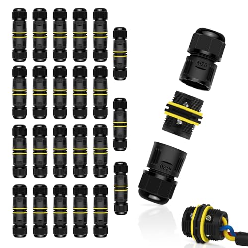 NineLeaf 24 Pack Waterproof Electrical Cable Connector, 3-Pin M20 Screw Type Wire Connectors Ø5-12mm, IP68 Waterproof Junction for Outdoor Garden Lights, Landscape, Underground Wiring - size: 24PK, style: Screw Tighten