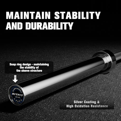 RitFit Elite 7ft Olympic Barbell, Robust 45lb Barbell for Weightlifting and Powerlifting, Superior Olympic Bar with Exceptional 500lbs Load Capacity, Weight Bar for 2” Standard Plates - color: Silver, size: 7 ft 1000 lb 45 lb without Collar