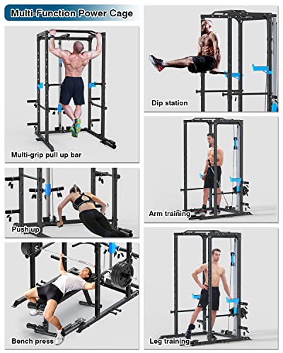 ULTRA FUEGO Power Cage, Multi-Functional Power Rack with J-Hooks, Dip Handles, Landmine Attachment and Optional Cable Pulley System for Home Gym - size: Power Cage with Pulley System and Olympic Bar