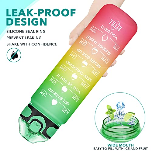Enerbone 32 oz Drinking Water Bottle with Times to Drink and Straw, Motivational with Carrying Strap, Leakproof BPA & Toxic Free, Ensure You Drink Enough Water for Fitness Gym Outdoor - color: Green Red