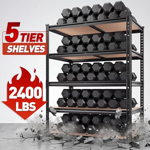 REIBII 2400LBS Garage Shelving 5 Tier Storage Shelves Heavy Duty, Adjustable Metal Shelving Unit,Garage Shelves for Basement,Warehouse,Pantry,Closet,Kitchen 72" H x 36" W x 16" D,2 Pack | Heavy Duty - color: Black