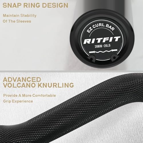 RitFit 2 Inch EZ Curl Bar with Weights, 350LBS Weight Capacity Olympic Curl Barbell for Bicep, Tricep and Weight Lifting Exercises - style: Black (with 155LB Weights and Collar)