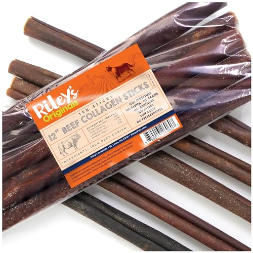 Riley's 12" Beef Collagen Sticks for Dogs - 100% Natural Beef - 10ct | Digestible Collagen Chews for Dogs - Single Ingredient, No Hide Chews - Grain-free and Gluten-free Pet Treat