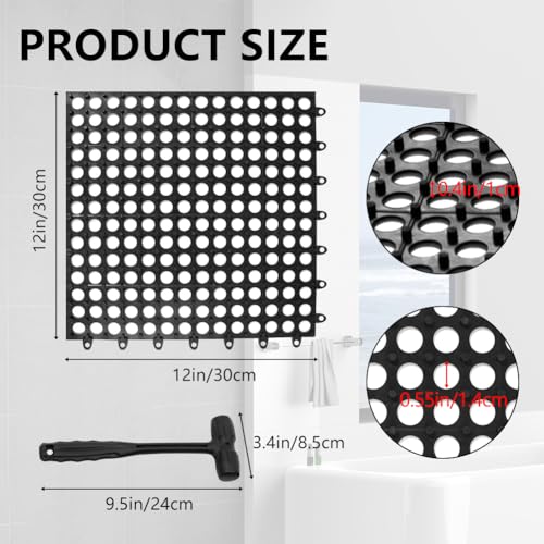 30 Pack Drainage Interlocking Tiles, 12"x12" Modular Interlocking Floor Tiles with 1 Pc Plastic Hammer Non Slip Rubber Floor mat with Holes for Pool Bathroom Deck Kitchen Patio (30, Black) - color: Black