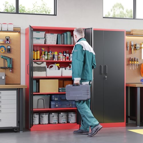 Letaya Metal Garage Storage Cabinets with Lock, 72" Tall Locker Organizer Steel Tool Cabinets,5 Adjustable Shelves 2 Doors for Home Office, Warehouse,Garage,Industrial,Employee (Black Red) - color: Black Red, size: 72 X 36 X 18 In(H X W X D)