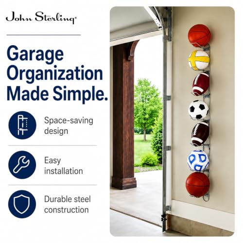 Knape & Vogt Wall Mounted Ball Rack for Garages | 7-Ball Capacity, 63-1/8 in. Tall, John Sterling Collection, Alloy Steel, Silver