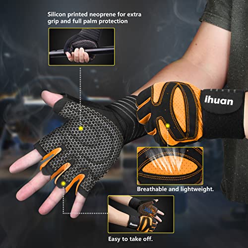 ihuan Ventilated Weight Lifting Gym Workout Gloves with Wrist Wrap Support for Men & Women, Full Palm Protection, for Weightlifting, Training, Fitness, Hanging, Pull ups - color: Orange, size: X-Small