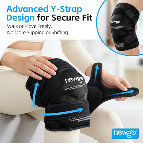 NEWGO Ice Pack for Knee Injuries Reusable, Knee Ice Pack Wrap Around Entire Knees for Replacement Surgery Recovery, Gel Cold Pack Wrap for Meniscus Tear, ACL, Swelling Pain Relief - Black | Y-shaped Strap Stays Put, Reusable for Knee Replacement, ACL, Art