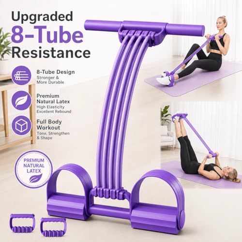 Pedal Resistance Band with Handle Upgraded 8-Tube Resistance Bands with Handles Set, 3-in-1 Multifunctional Chest Expander, Back Puller and Stretching Rope,Detachable Pedal Exerciser for Home - color: Purple