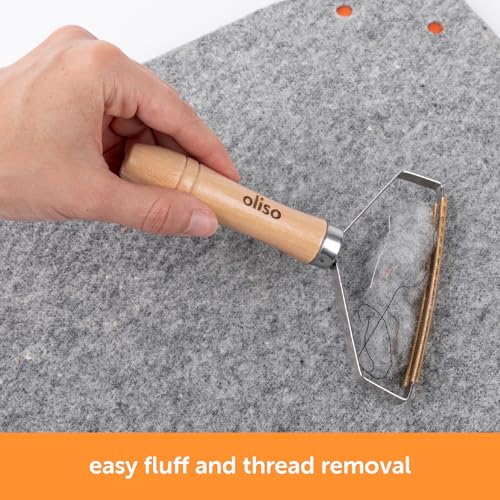 oliso Wool Mat Cleaning Tool - Brass Lint Remover for Quilting & Sewing | Handheld Carpet Brush, Rug Comb, Pet Hair Rake, Stainless Steel Frame, Wooden Handle, Furniture and Couch Use