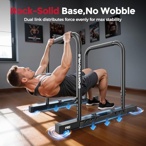 Sportsroyals Adjustable Dip Bar Station, Heavy Duty Parallette & Parallel Bars, 400LBS Stable Dip Stands for Home Gym, Calisthenics & Upper Body Workout Equipment - color: black