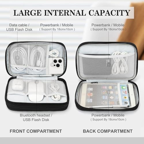 FYY Electronic Organizer, Travel Tech Pouch Bag, Large, Black Quilted | Wrist Strap, Waterproof, Double Layers Portable Electronics Travel Carrying Case for Cord, Charger, Daily Business Trips Use - color: Black Quilted, size: Large