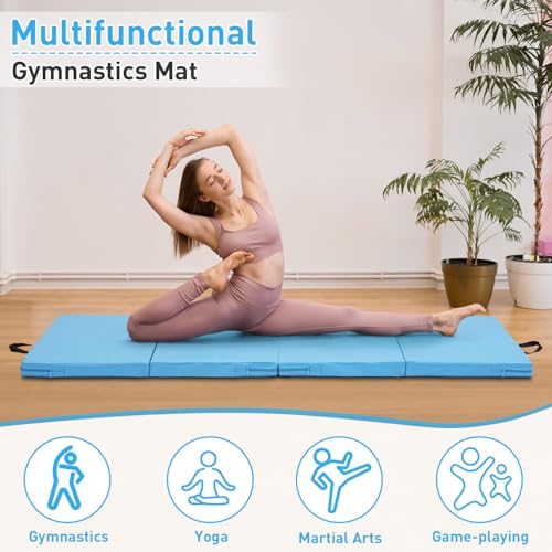 Gymnastics Mat, 3'x6'/4'x6' Thick Folding Kids' Gymnastic Tumbling Mat with Carrying Handles for Home Gym Exercise & Play - color: 3x6FT-Light Blue